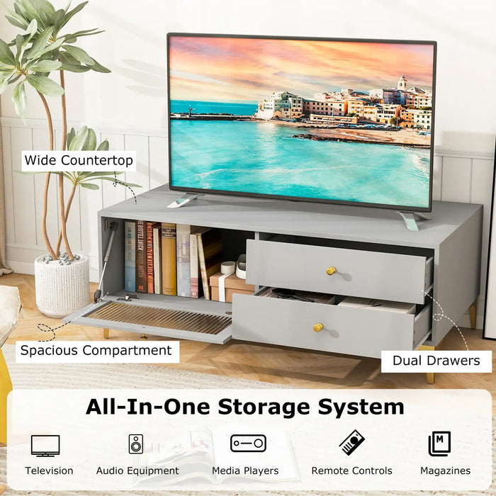 Light grey media unit with wide countertop, spacious compartment with books, and dual drawers holding remotes