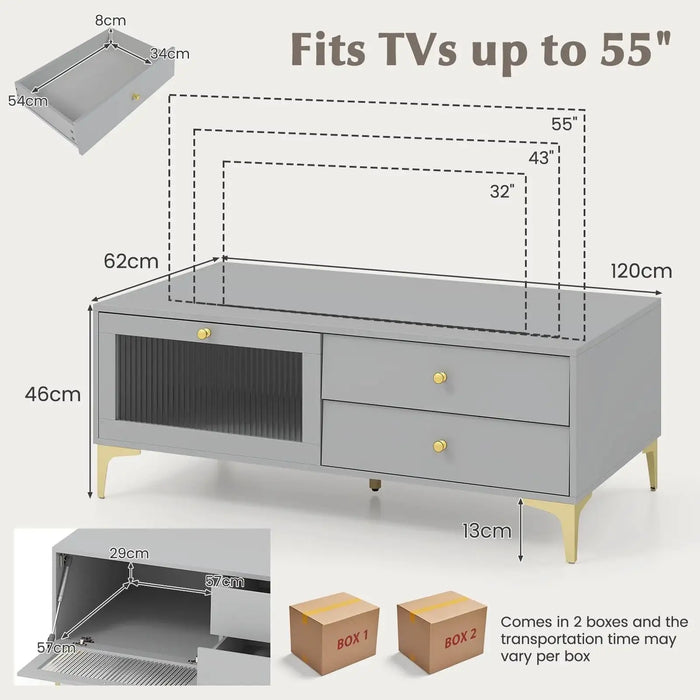 Light grey TV cabinet with drawers, drop-down black tempered glass door, gold handles and legs, fits TVs up to 55 inches