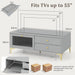Light grey TV cabinet with drawers, drop-down black tempered glass door, gold handles and legs, fits TVs up to 55 inches