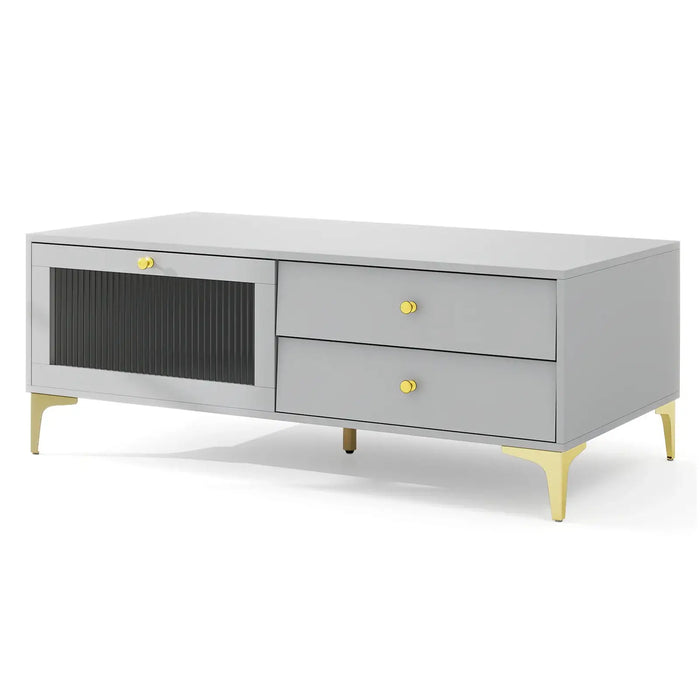 Modern light grey TV cabinet with storage drawers, drop-down door, tempered glass and gold accents