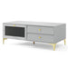 Modern light grey TV cabinet with storage drawers, drop-down door, tempered glass and gold accents
