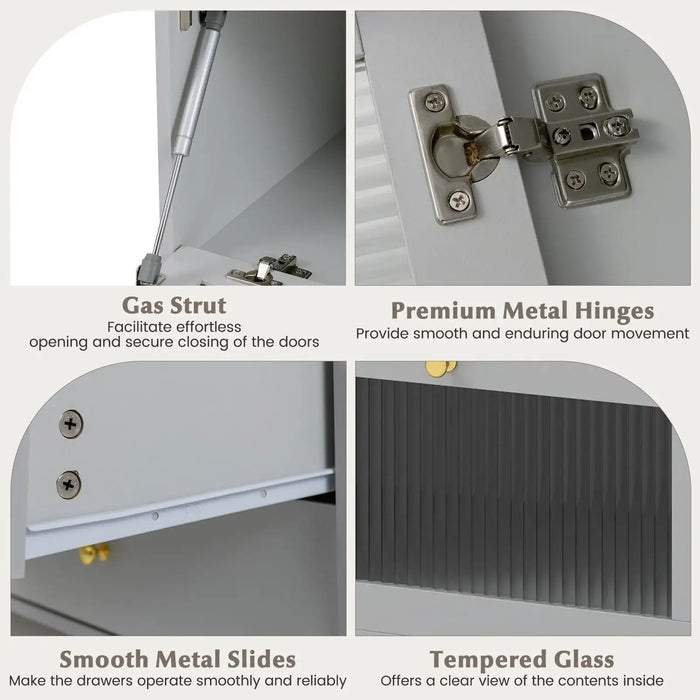 Close-up of TV cabinet features with gas strut, premium metal hinges, smooth metal slides, and tempered glass door