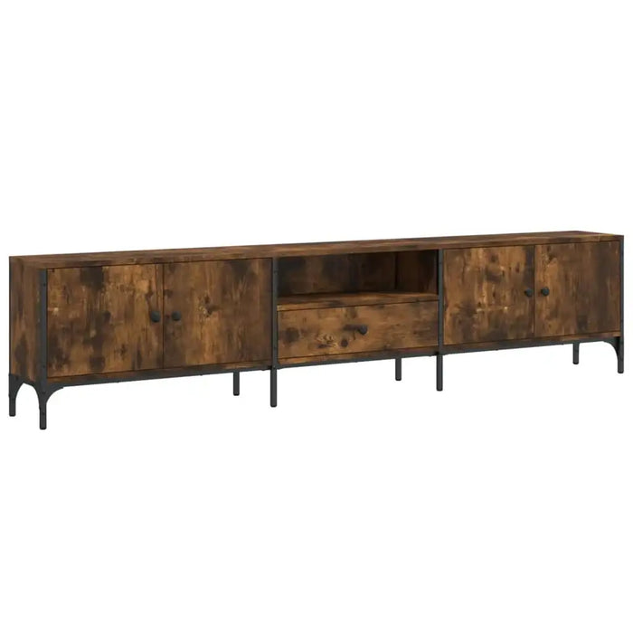 200cm wide smoked oak TV cabinet with metal frame, double door cabinets and central drawer