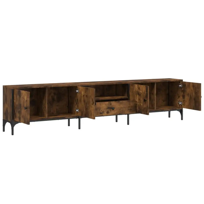Long smoked oak TV cabinet with metal frame, four open doors and a central drawer, modern media unit