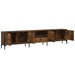 Long smoked oak TV cabinet with metal frame, four open doors and a central drawer, modern media unit