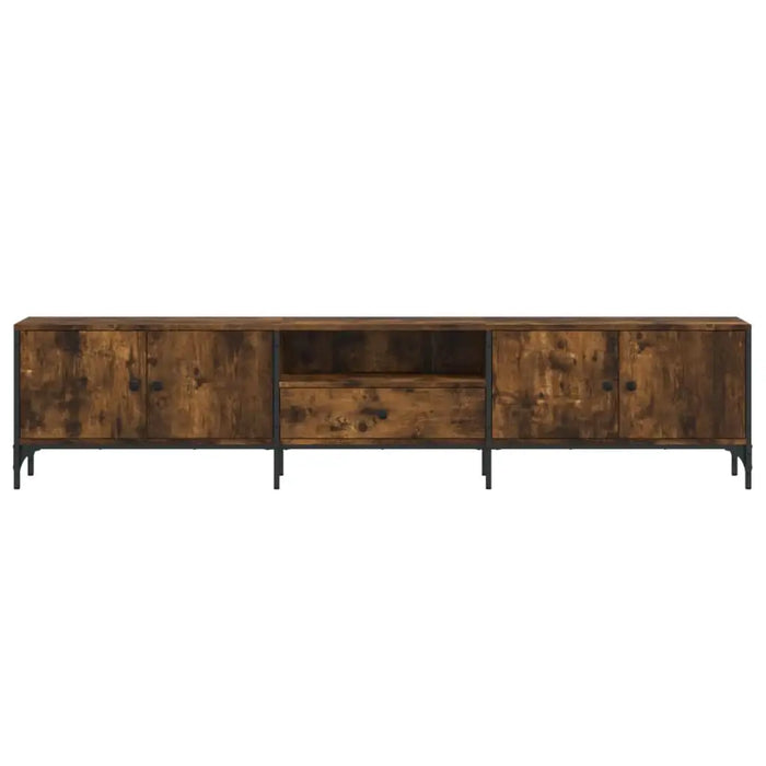 200cm wide smoked oak TV cabinet with metal frame, four-door media unit with central drawer