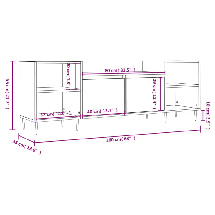 Line drawing of a 160cm wide Sonoma oak TV cabinet with storage shelves and doors, dimensions labeled