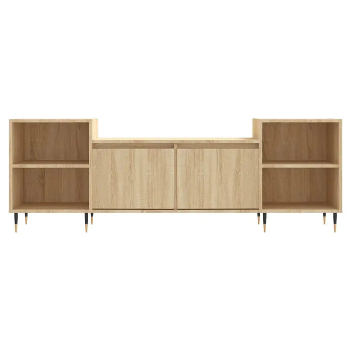 Sonoma oak TV cabinet with central storage doors and open shelves on each side, sleek black legs