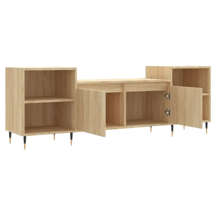 Modern media unit in sonoma oak with storage shelves and doors, black and wood legs