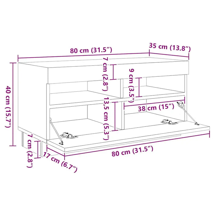 Diagram of a modern TV cabinet with detailed measurements in cm and inches for shelves and compartments