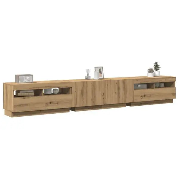 Modern artisan oak TV cabinet with sleek drawers and open shelves, minimalist media unit