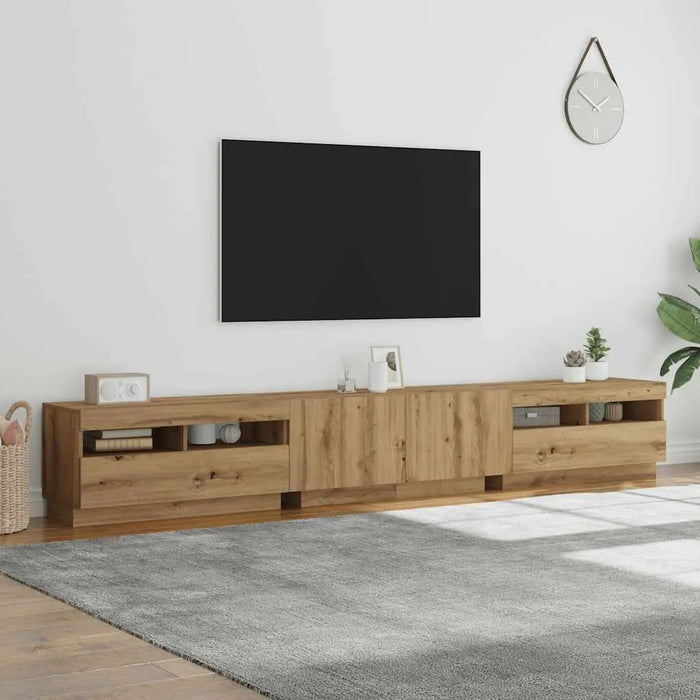 artisan oak tv cabinet with rgb led lights in modern living room with wall-mounted flat screen tv