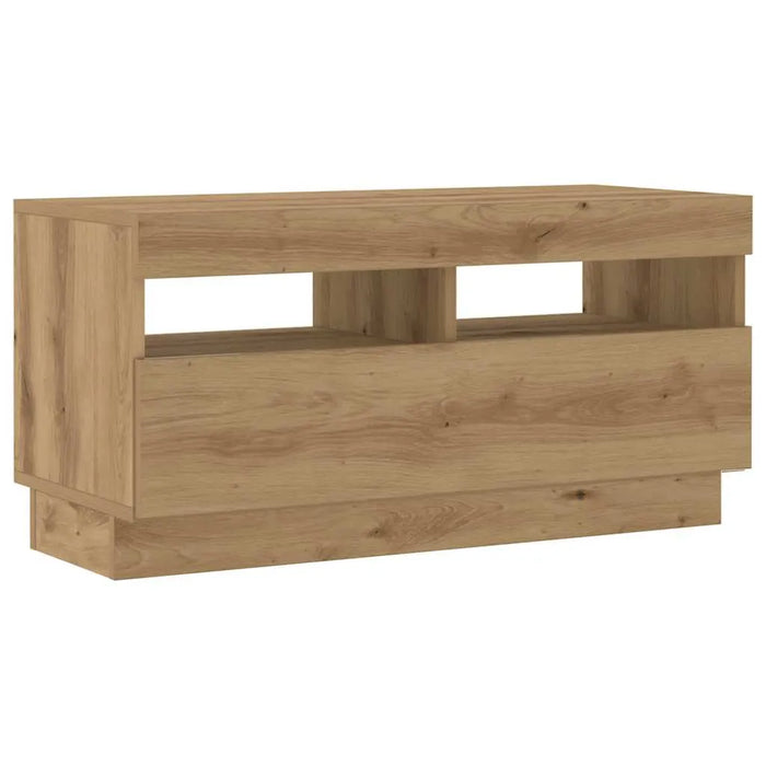 modern artisan oak tv cabinet with open shelves and storage drawer in natural wood finish