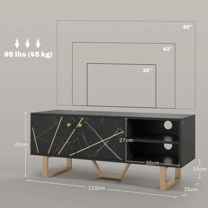 Black marble effect TV stand with storage, gold geometric legs, fits up to 50-inch TVs, 110cm wide