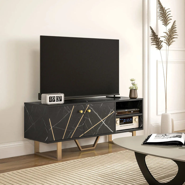 TV Stand – Black | 50 Inch TV Unit with Storage and Marble Effect Finish HOMCOM
