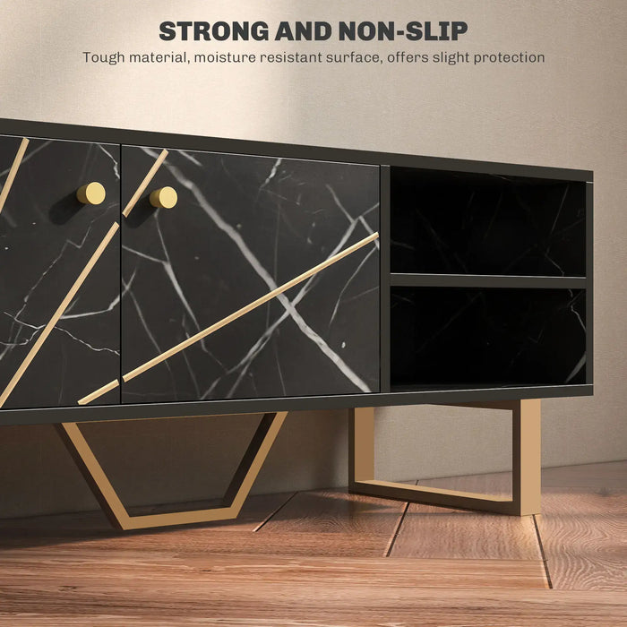Black TV stand with storage and marble effect finish, gold diagonal handles, and sturdy gold legs on wooden floor