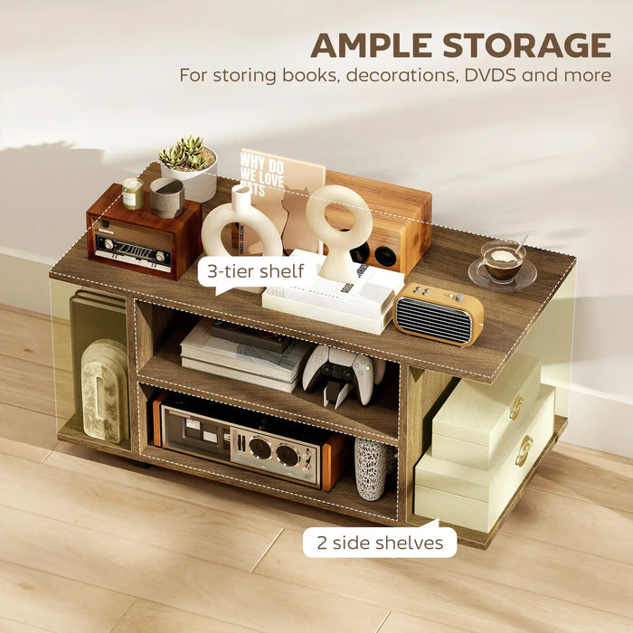 Walnut TV stand on wheels with 3-tier shelf and 2 side shelves holding books, decor, and electronics