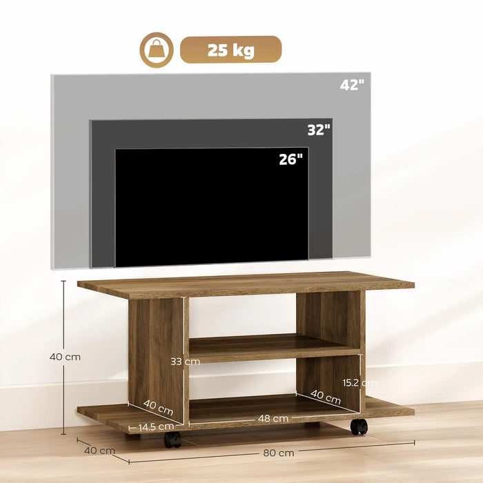 Walnut wood TV stand on wheels with open shelves, fits TVs 26-42 inches, 25 kg weight limit