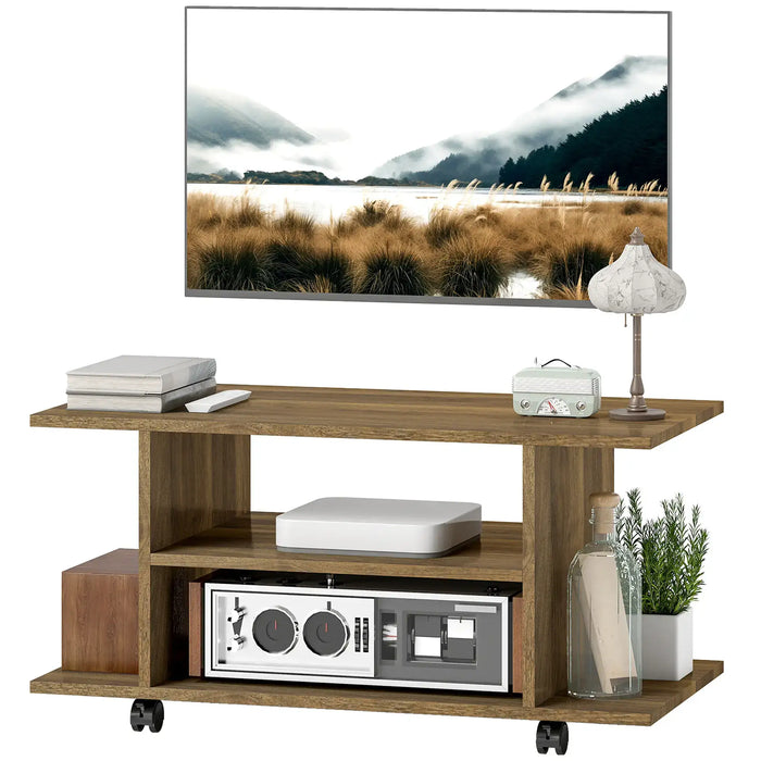Walnut finish TV stand on wheels with open shelves holding decor and electronics