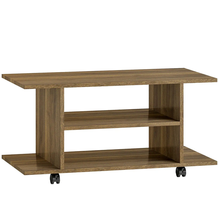 Walnut TV stand on wheels with open shelves and mobile design for media storage