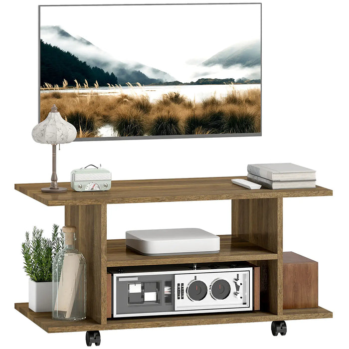 Walnut TV stand on wheels with open shelves holding books, vintage radio, lamp, and decor