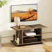 Walnut TV stand on wheels with open shelves holding decor and electronics under wall-mounted flat screen