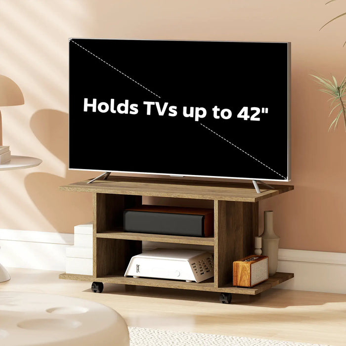 Walnut TV stand on wheels with open shelves, holding a TV up to 42 inches, modern living room setup