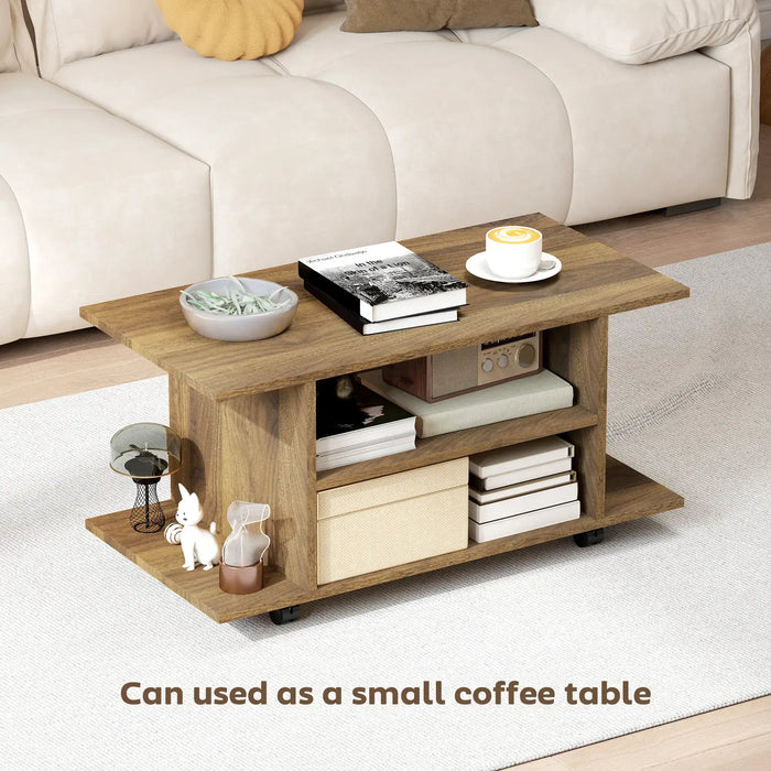 Walnut wood small coffee table with open shelves on wheels holding books, radio, cup, and decorative items