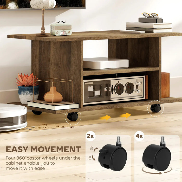 Walnut TV stand on wheels with open shelves holding books, decor, and media devices