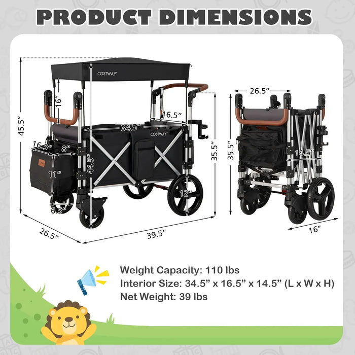 Dimensions and specifications of a multi-use cart with canopy on a gray background