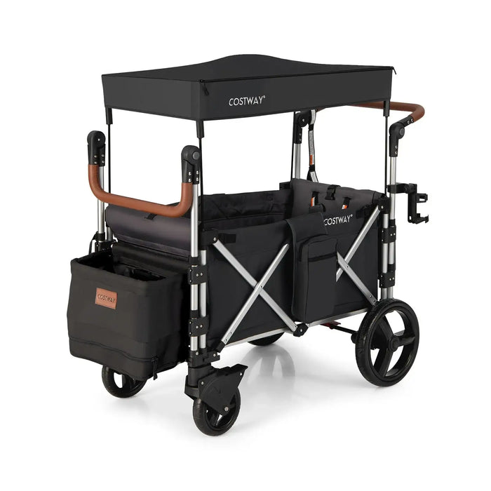 Black stroller with canopy and storage bags on a white background