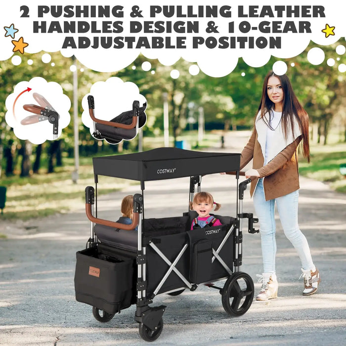 Woman pushing a black and brown Cosway stroller with a child in a park.