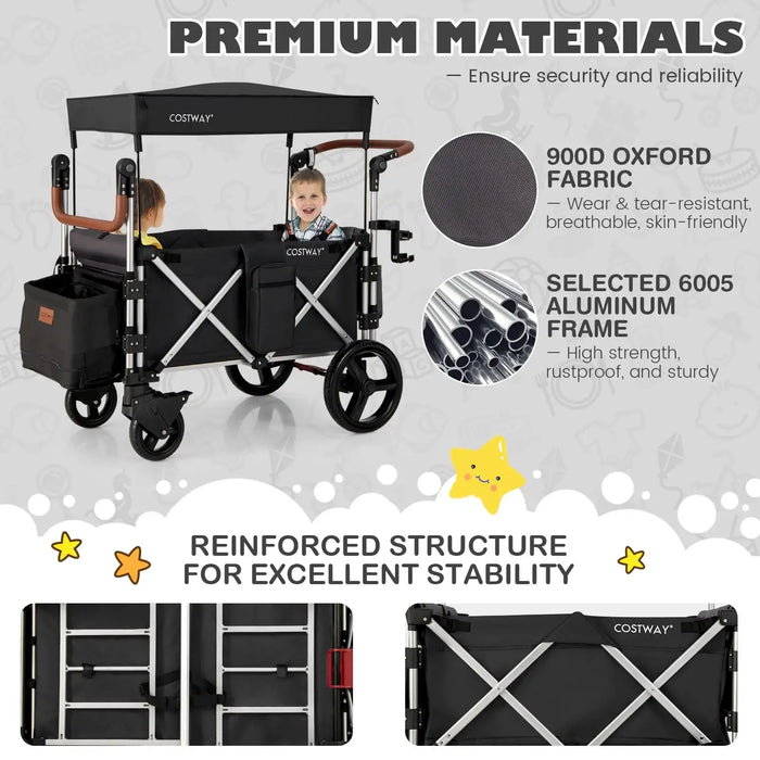 Black stroller with child, highlighting premium materials and features on a gray background.