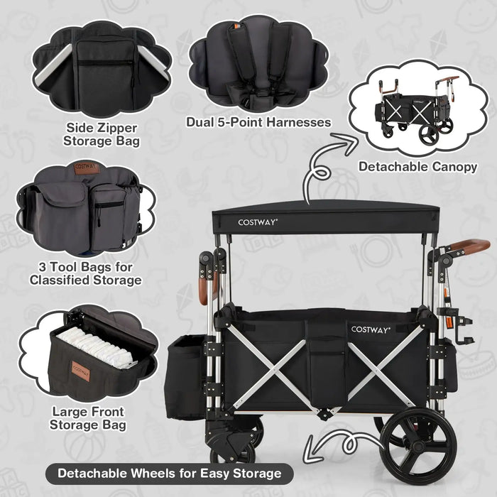 Costway folding wagon with storage bags and features highlighted on a gray background