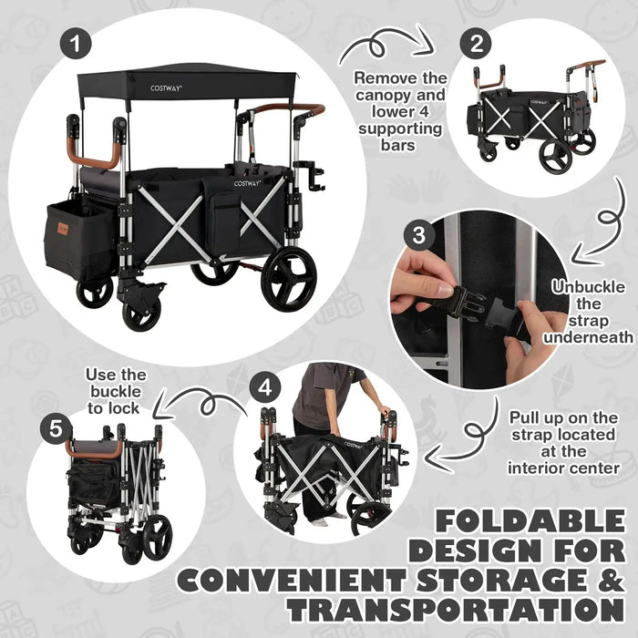 Instructions for folding a Cosway folding cart with images and text on a gray background.