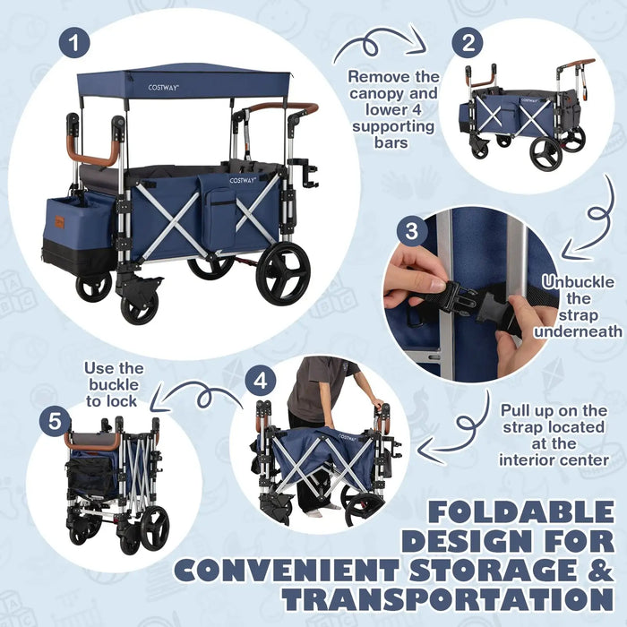 Instructions for folding and storing a blue and black cart with canopy on a light blue background.