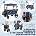 Instructions for folding and storing a blue and black cart with canopy on a light blue background.