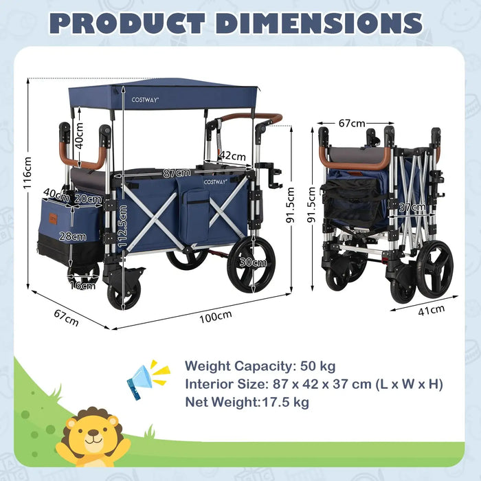 Dimensions and specifications of a blue and silver folding cart with canopy on a light blue background.