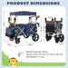 Dimensions and specifications of a blue and silver folding cart with canopy on a light blue background.