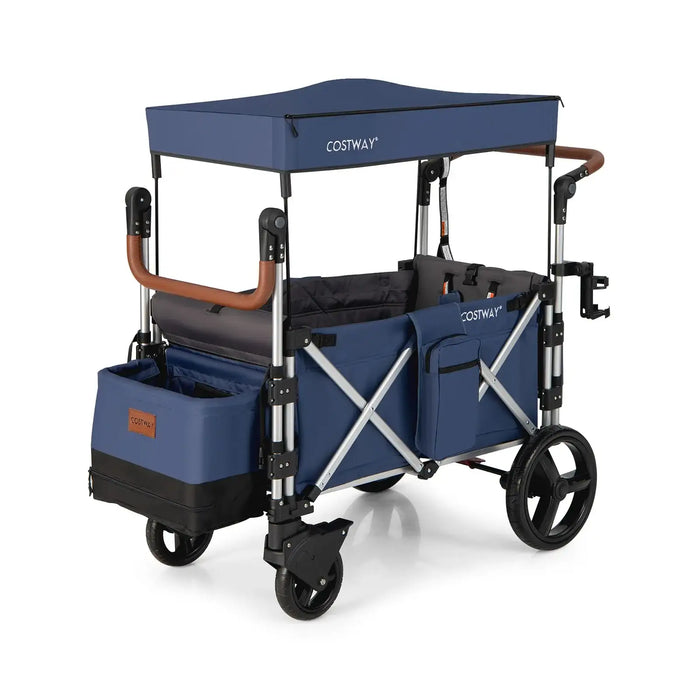 Blue and black stroller with canopy on a white background