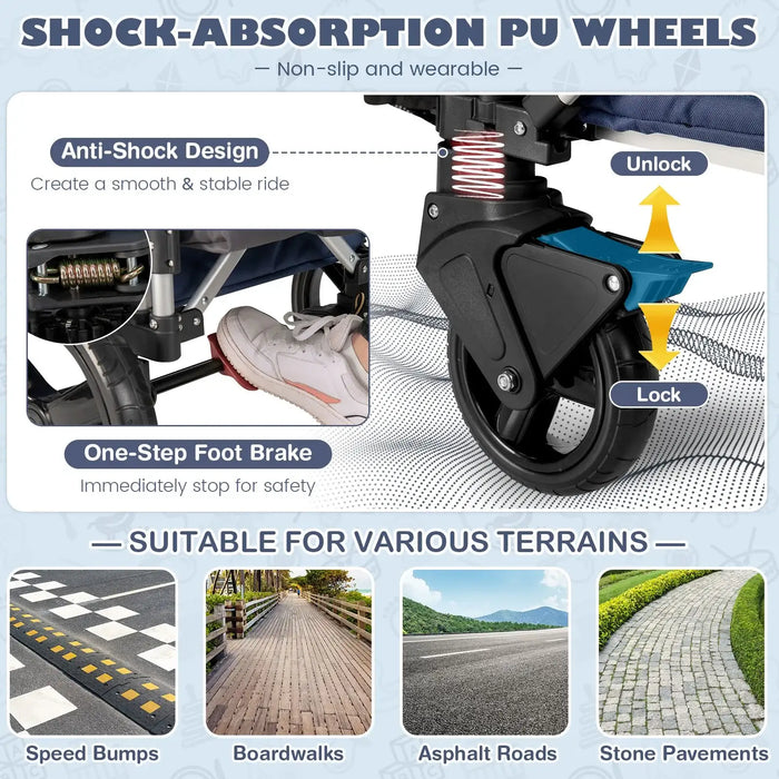 Shock-absorption PU wheels with anti-shock design and one-step foot brake, suitable for various terrains.