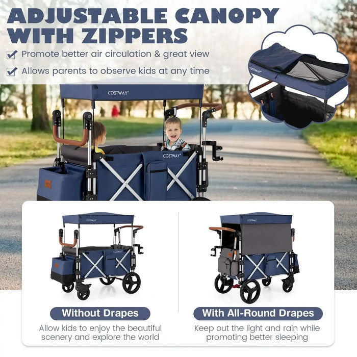 Blue Costco wagon with adjustable canopy and zippers, shown outdoors.