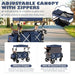 Blue Costco wagon with adjustable canopy and zippers, shown outdoors.