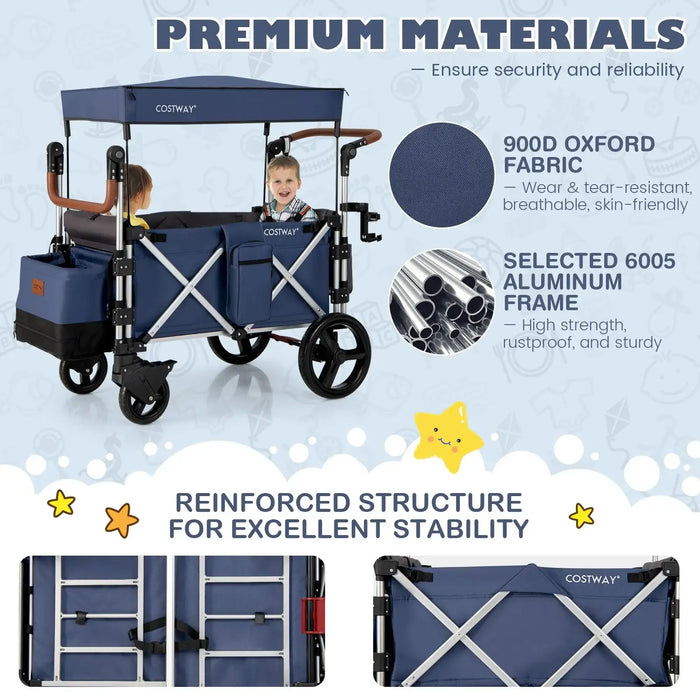 Blue Costway wagon with features highlighted on a light blue background