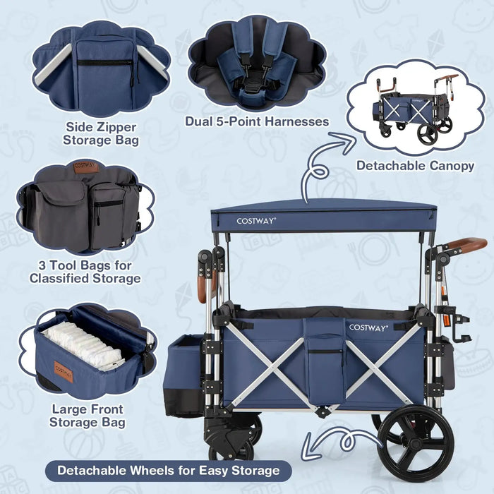Blue and black stroller with various features highlighted on a light blue background
