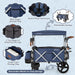 Blue and black stroller with various features highlighted on a light blue background