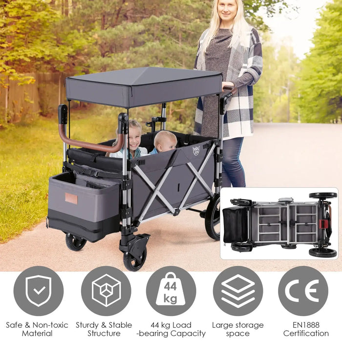 Stroller with canopy being pushed by a woman, with product features and certifications displayed.