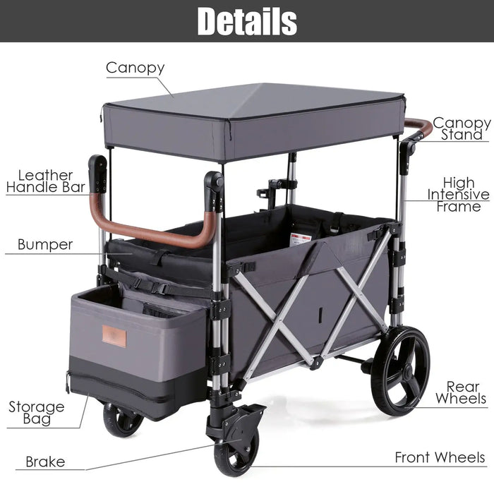 Gray folding cart with labeled parts on a white background