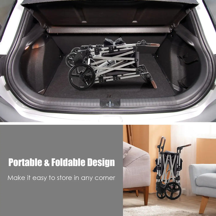 Foldable walker in a car trunk with text highlighting its portable and foldable design.