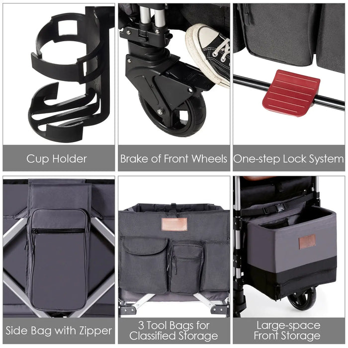 Collage of stroller features including cup holder, brake, lock system, side bag, tool bags, and storage compartments.